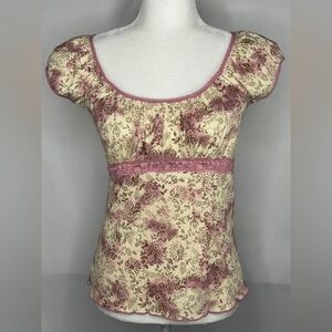 Y2K Babydoll Top Pink Floral Lace Tie Back Sz L